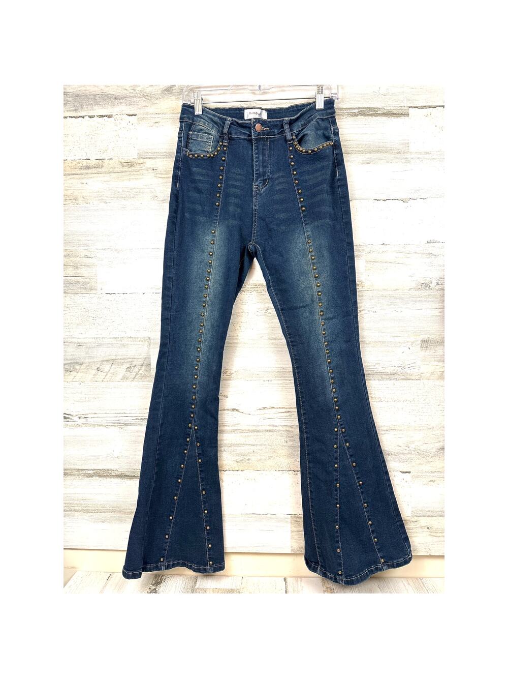 Bamboo Juniors 11 Blue Beaded Boho Flare Denim Jeans Retro Hippie Style